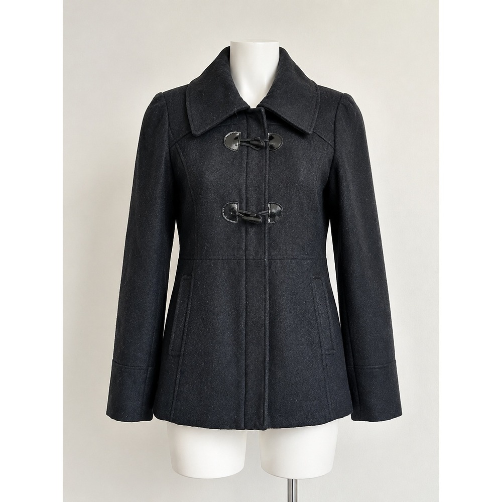 GUESS Hooded Toggle Coat Women's L/G Black  Wool Blend Zip Front Jacket